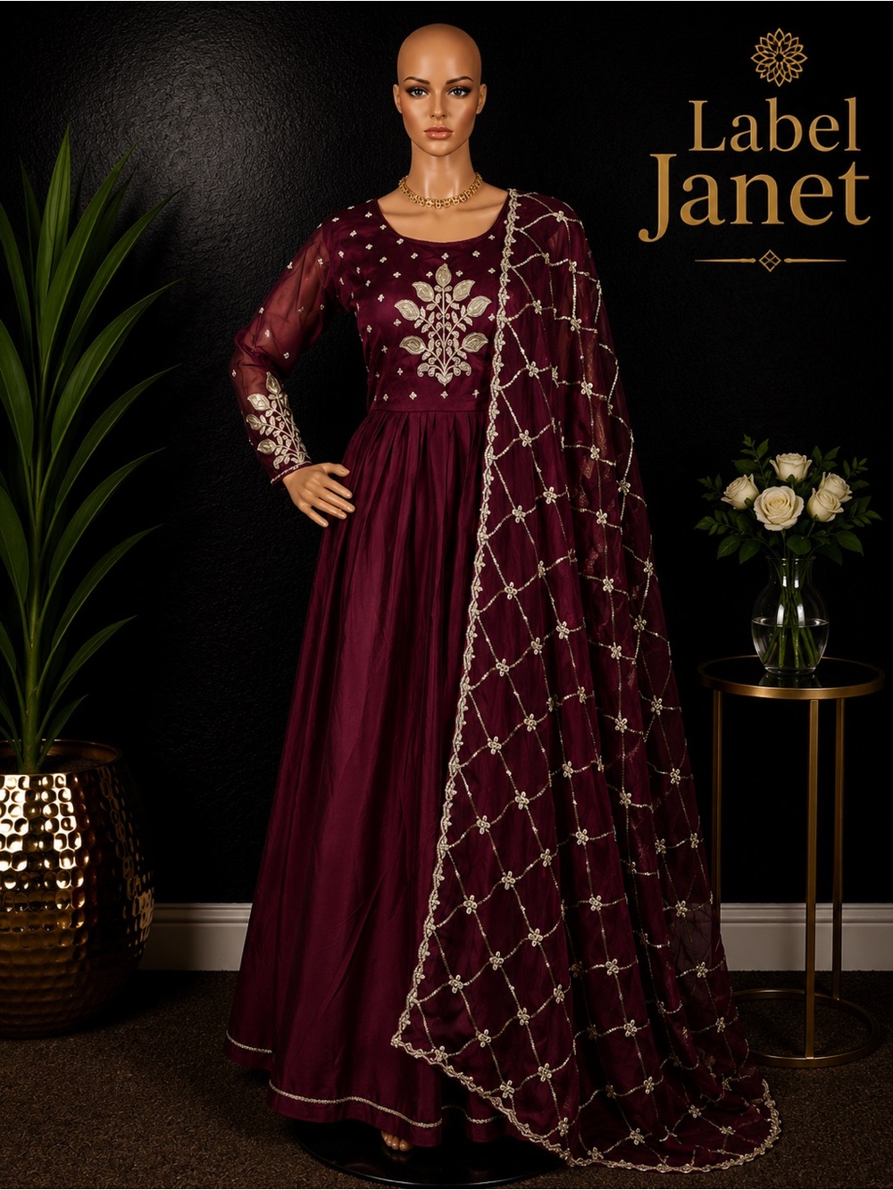 Brand New Embroidered Wine Maroon Anarkali Dress with Dupatta,Bust - M (38”)